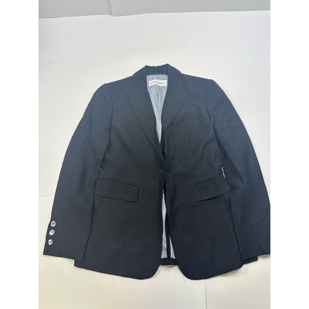 Calvin Klein Women's Blazer 2 Black Career Classic Jacket Linen Blend Business